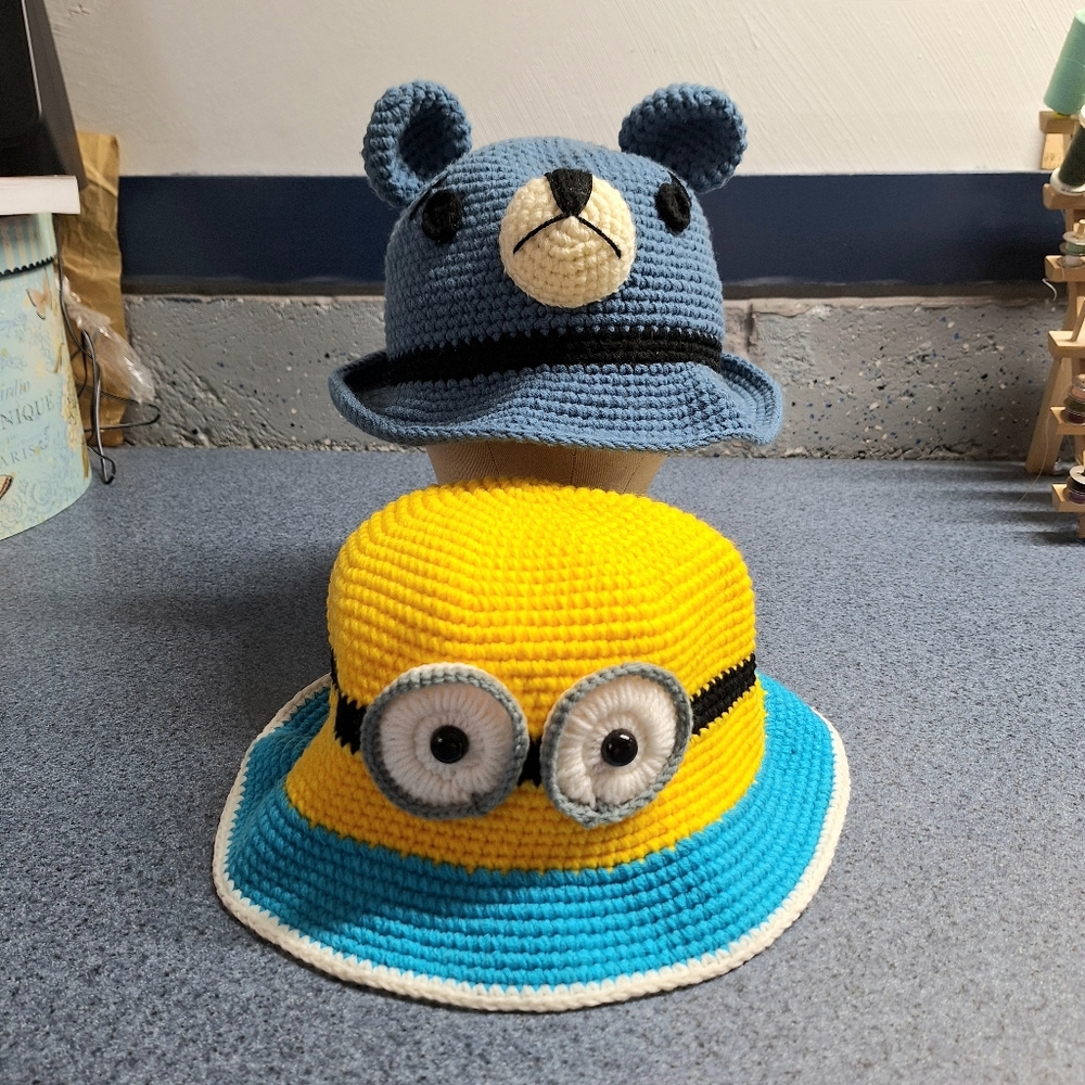Hand Crocheted Bear & Minion Bucket Hats, Large, NWOT